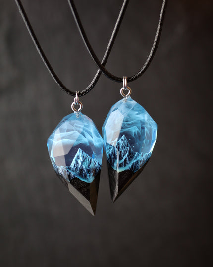 Epoxy resin and wood Couple heart Mountain Blue Faceted pendant