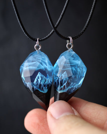 Epoxy resin and wood Couple heart Mountain Blue Faceted pendant