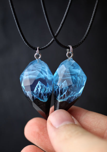 Epoxy resin and wood Couple heart Mountain Blue Faceted pendant