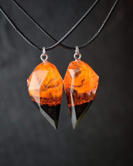 Epoxy resin and wood Couple heart Fire Faceted pendant