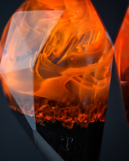 Epoxy resin and wood Couple heart Fire Faceted pendant