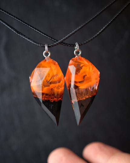 Epoxy resin and wood Couple heart Fire Faceted pendant