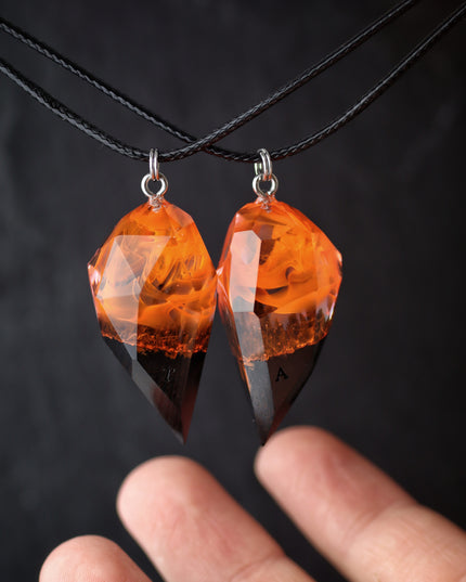 Epoxy resin and wood Couple heart Fire Faceted pendant