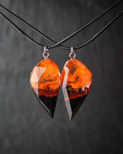 Epoxy resin and wood Couple heart Fire Faceted pendant