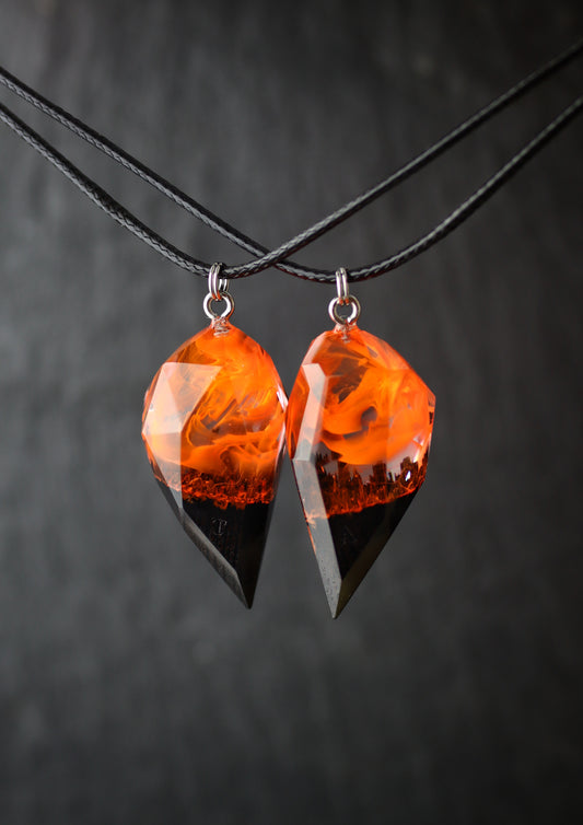 Epoxy resin and wood Couple heart Fire Faceted pendant