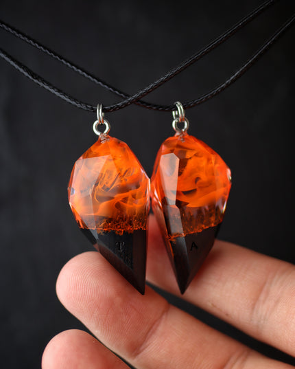 Epoxy resin and wood Couple heart Fire Faceted pendant
