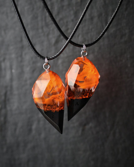 Epoxy resin and wood Couple heart Fire Faceted pendant