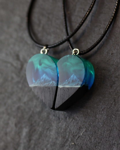 Unique handmade heart-shaped resin and wood necklace set