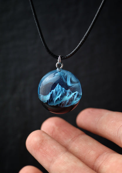 Epoxy resin and wood Blue Round Mountain pendant