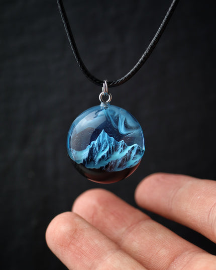 Epoxy resin and wood Blue Round Mountain pendant