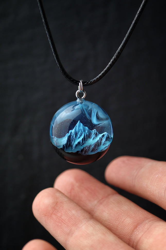 Epoxy resin and wood Blue Round Mountain pendant