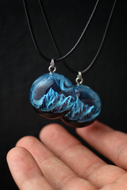 Epoxy resin and wood Blue Round Mountain pendant