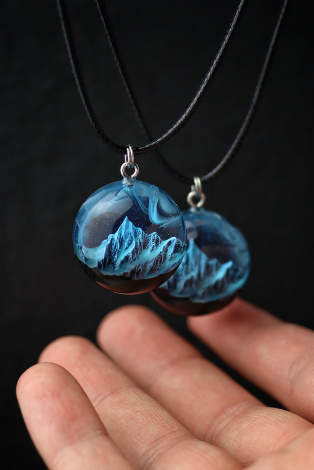 Epoxy resin and wood Blue Round Mountain pendant