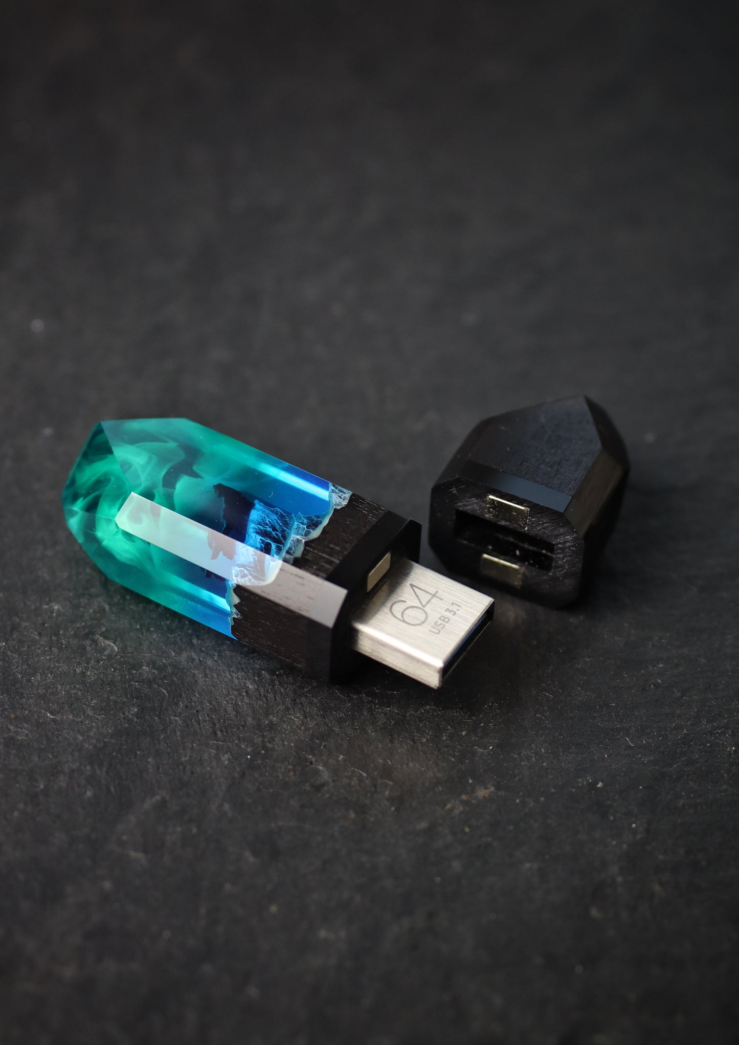 Epoxy resin and wood Northern lights Mountain Wolf USB