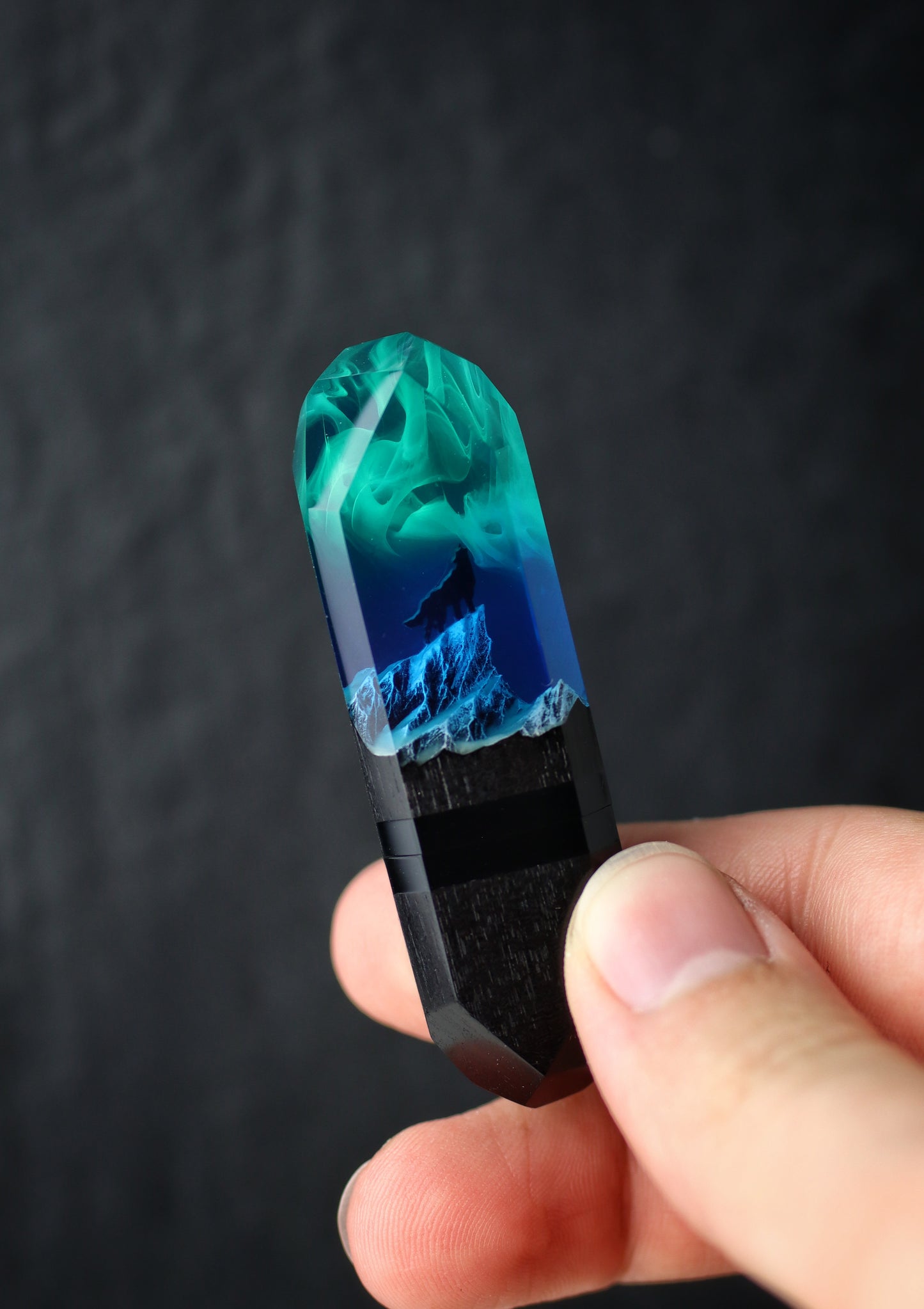 Epoxy resin and wood Northern lights Mountain Wolf USB