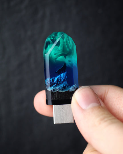 Epoxy resin and wood Northern lights Mountain Wolf USB