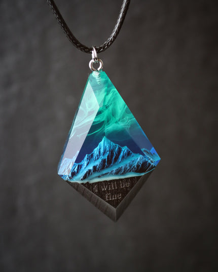 Epoxy resin and wood Mountain Northern lights Rhombus pendant