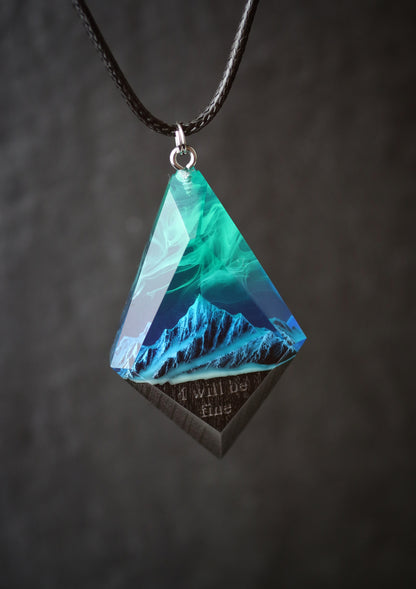 Epoxy resin and wood Mountain Northern lights Rhombus pendant