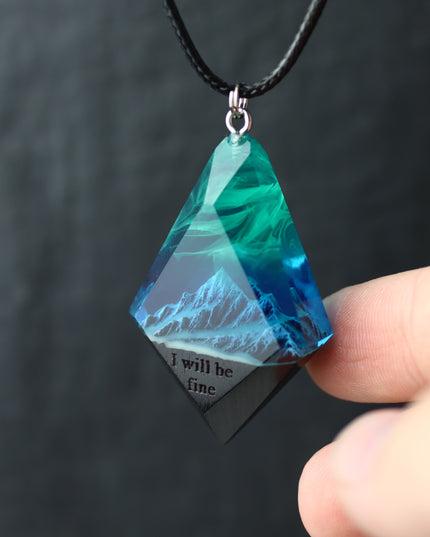 Epoxy resin and wood Mountain Northern lights Rhombus pendant