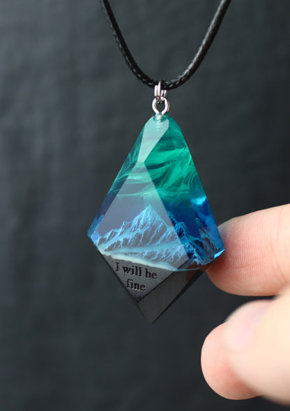 Epoxy resin and wood Mountain Northern lights Rhombus pendant