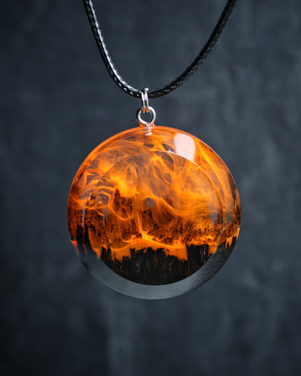 Epoxy resin and wood Fire Round Faceted pendant