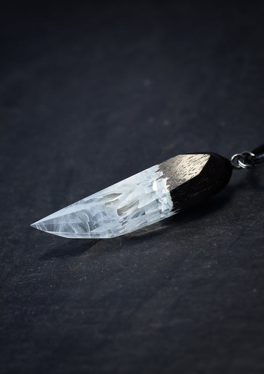 Epoxy resin and wood White faceted Fang pendant