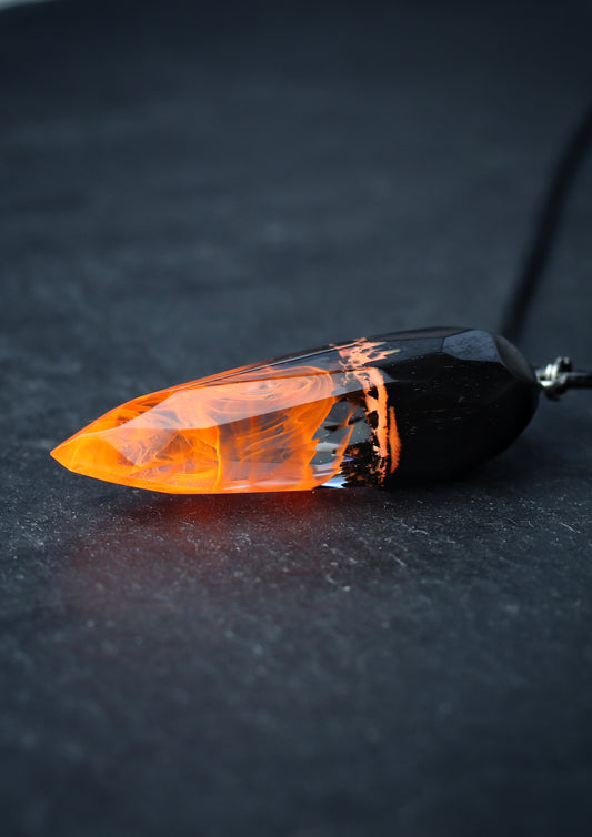 Epoxy resin and wood Fire Faceted Crystal pendant