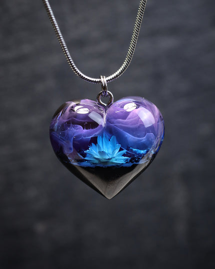 Epoxy resin and wood Nightfall Flower Heart pendant