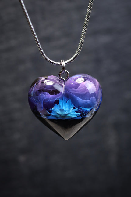Epoxy resin and wood Nightfall Flower Heart pendant