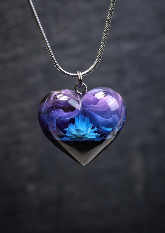 Epoxy resin and wood Nightfall Flower Heart pendant