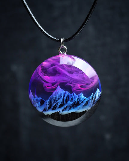 Epoxy resin and wood Nightfall Mountain Round Faceted pendant