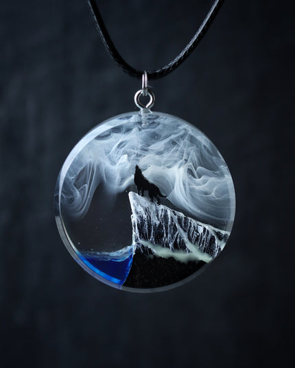 Epoxy resin and wood Wolf Round Mountain pendant