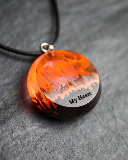 Epoxy resin and wood Fire Round Faceted pendant