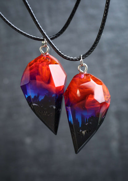 Couple crystal pendants handmade from resin and wood with Nightfall effect