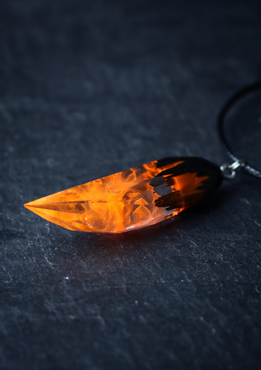 Epoxy resin and wood Fire Faceted Fang pendant