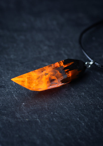 Epoxy resin and wood Fire Faceted Fang pendant