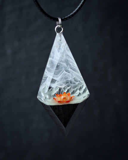 Epoxy resin and wood Mountain Panorama Red flower pendant