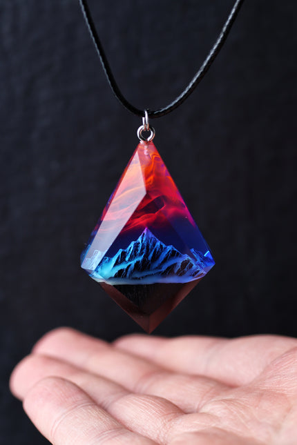 Epoxy resin and wood Mountain Nightfall pendant Rhombus