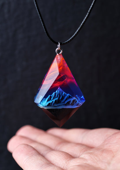 Epoxy resin and wood Mountain Nightfall pendant Rhombus