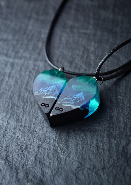 Couple heart resin and wood pendants with mountain landscape design