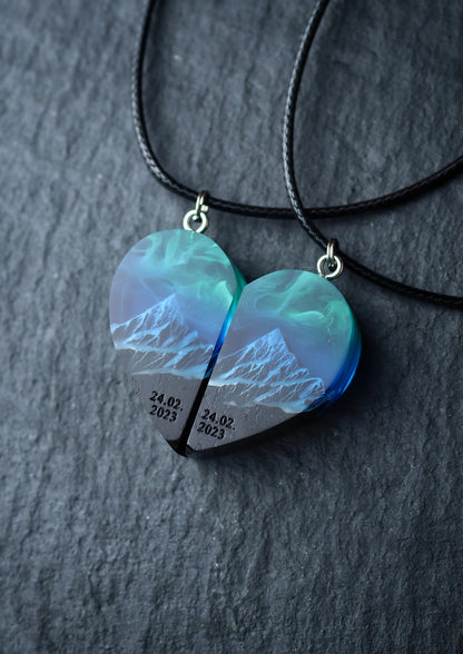 Epoxy resin and wood Couple heart Northern lights Mountain pendant Flat