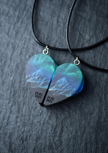Handmade resin heart necklace split into two with northern lights effect