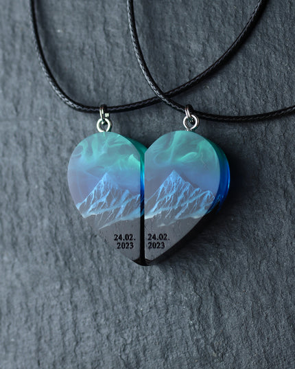 Epoxy resin and wood Couple heart Northern lights Mountain pendant Flat