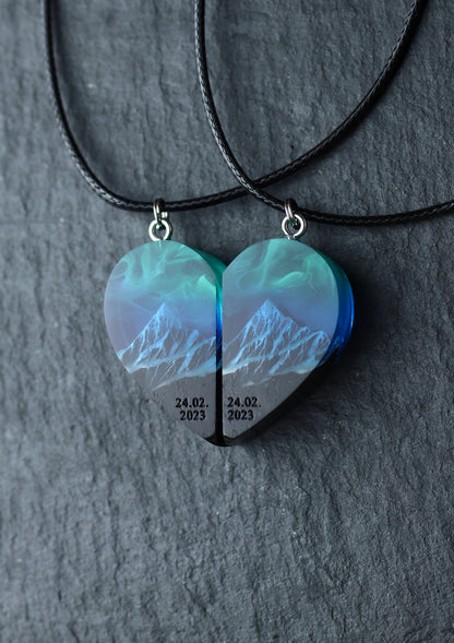 Epoxy resin and wood Couple heart Northern lights Mountain pendant Flat