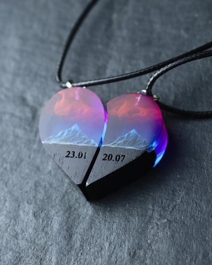 Epoxy resin and wood Couple heart Nightfall Mountain pendant