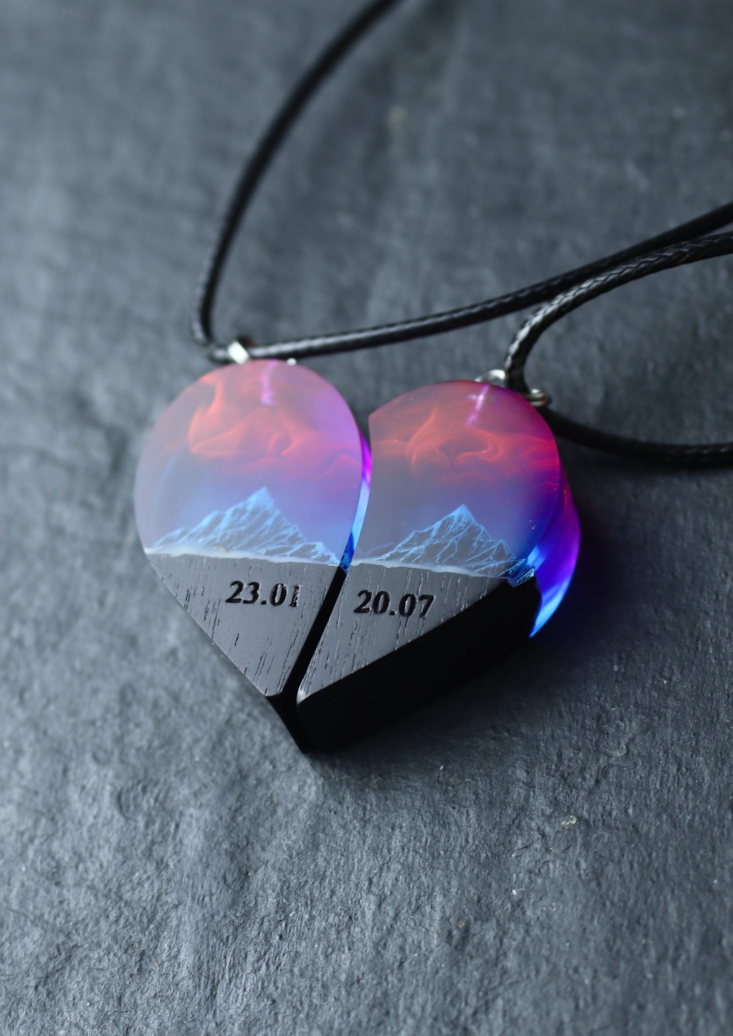 Epoxy resin and wood Couple heart Nightfall Mountain pendant