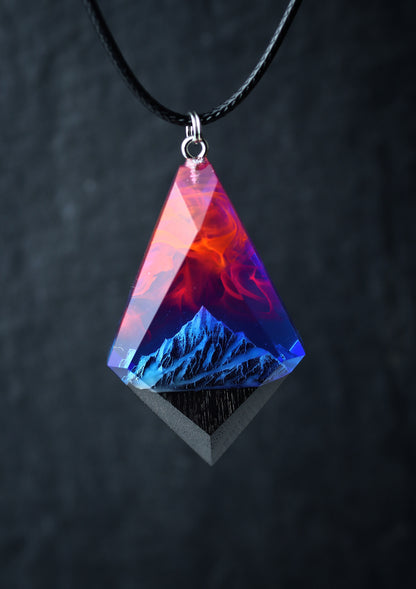 Epoxy resin and wood Mountain Nightfall pendant Rhombus