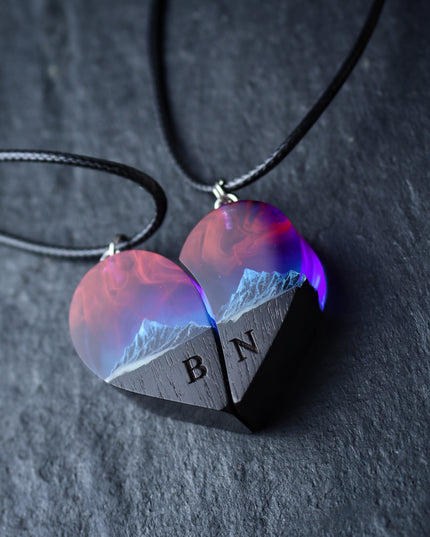 Epoxy resin and wood Couple heart Nightfall Mountain pendant