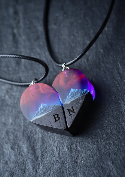 Epoxy resin and wood Couple heart Nightfall Mountain pendant