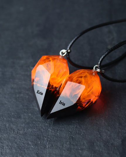 Epoxy resin and wood Couple heart Fire Faceted pendant